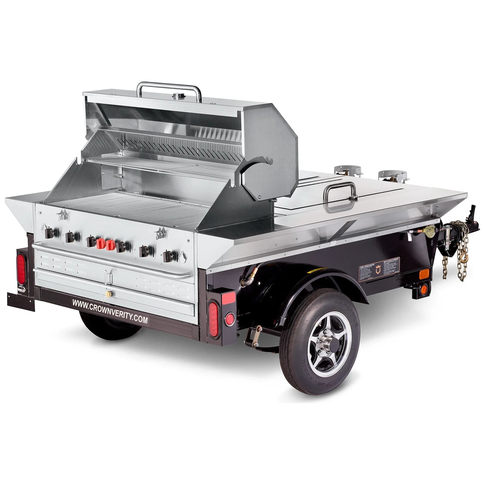 Crown Verity CV-TG-1 towable grill trailer with lockable storage, stainless steel, rear angle view with dome open