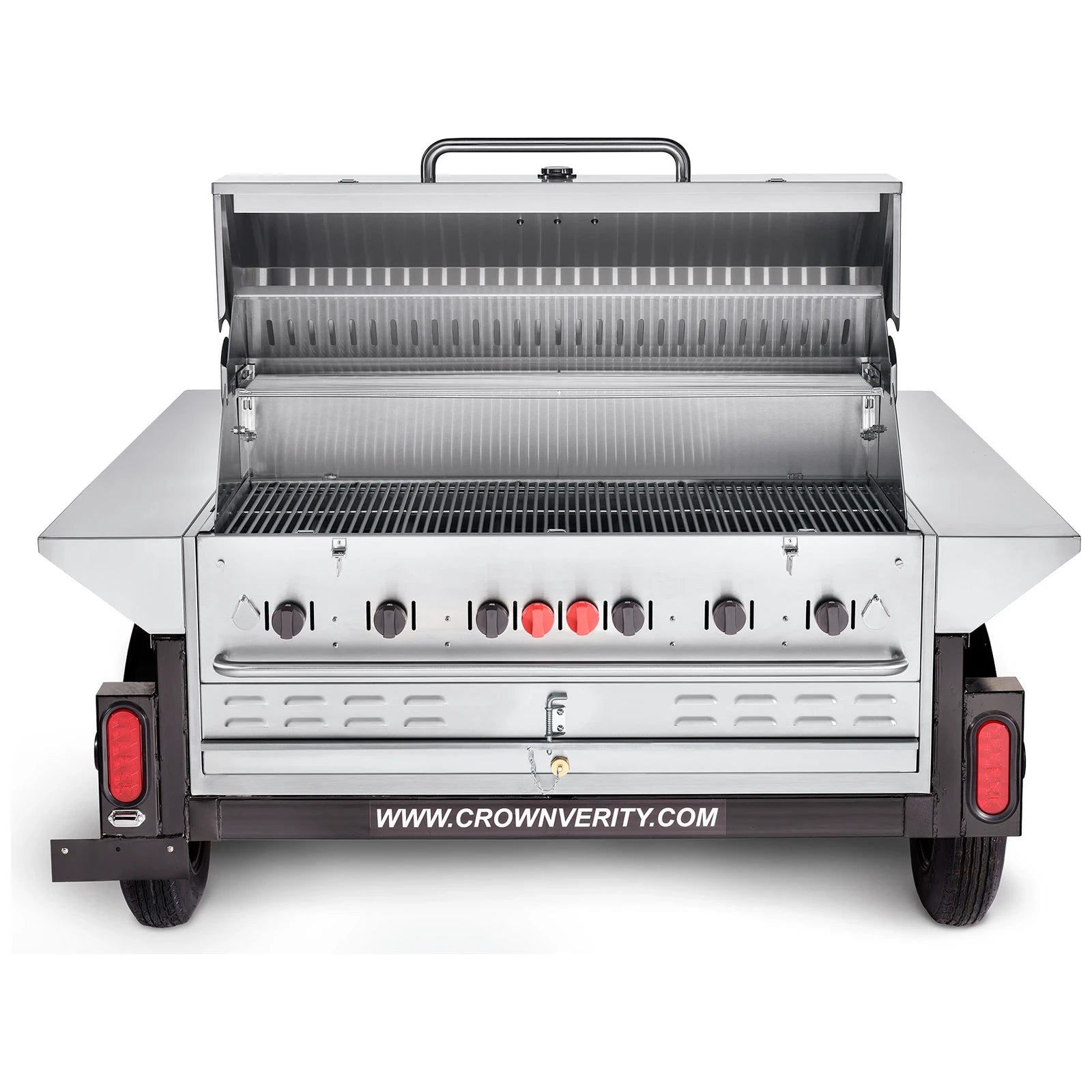 Crown Verity CV-TG-1 towable grill trailer with lockable storage, stainless steel, back view with dome open showing burners