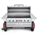 Crown Verity CV-TG-1 towable grill trailer with lockable storage, stainless steel, back view with dome open showing burners