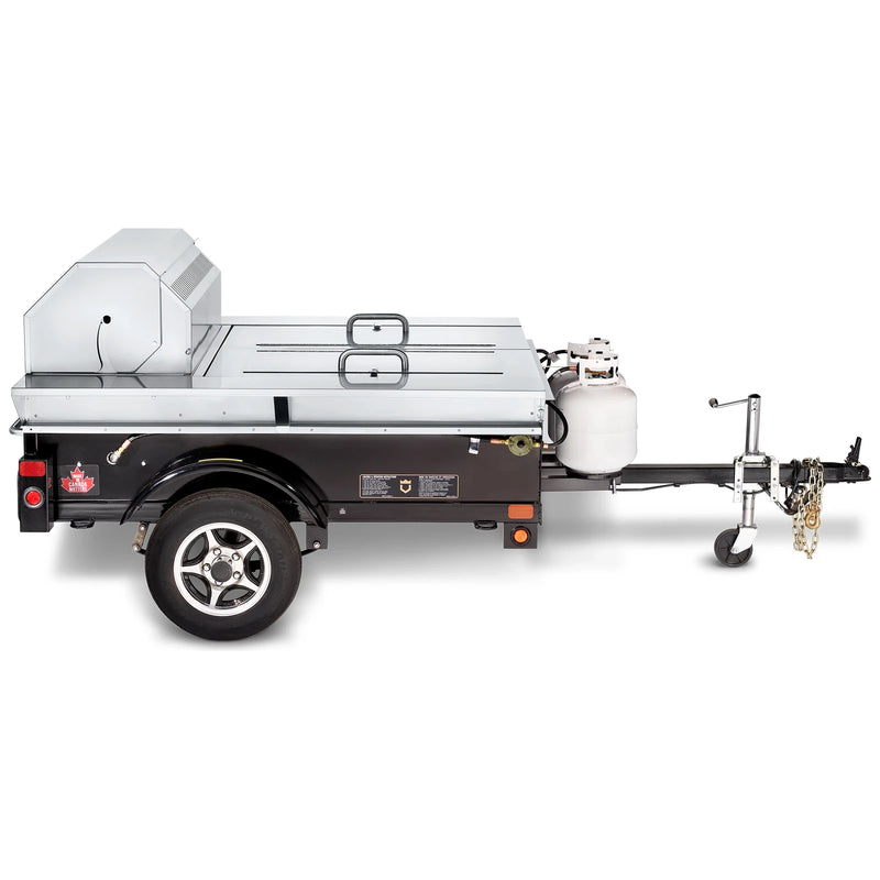 Crown Verity CV-TG-1 towable grill trailer with lockable storage, stainless steel, side view with dome closed
