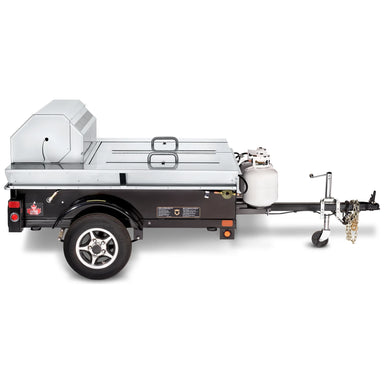 Crown Verity CV-TG-1 towable grill trailer with lockable storage, stainless steel, side view with dome closed