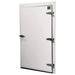 Curtron cold storage swing door, white insulated door panel with chrome hinges and latch handle, front angled view