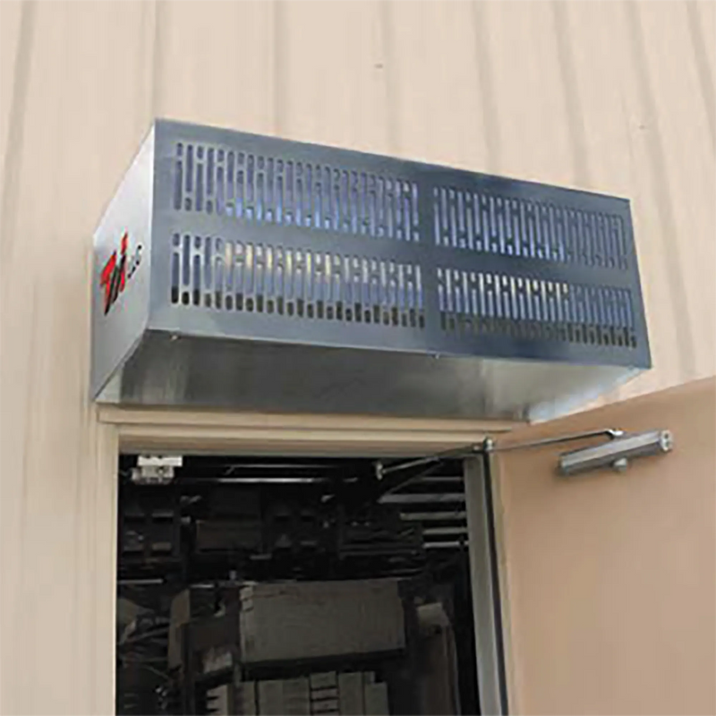 Curtron S-IBD Series insect back door aluminum air curtain mounted above a rear service door, angled view of the grille