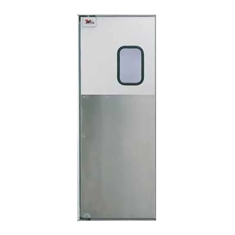 Curtron SPD-30 series single swinging traffic door in grey with view window and stainless lower kick plate