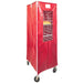 Curtron SUPRO-14 sheet pan rack cover in red vinyl with clear viewing window and label pocket, fitted over a rack