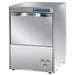 DIHR DS 50 USA high-temp under counter dishwasher in stainless steel with top control panel, angled front view