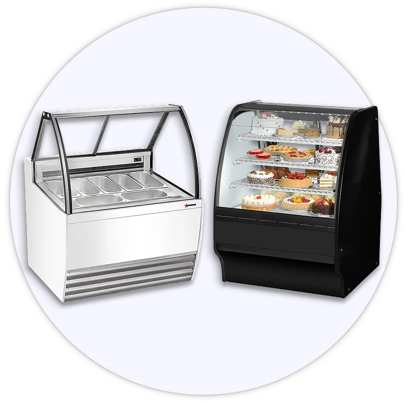 Floor and countertop pastry display cases, gelato dipping freezers, deli, and sushi cases.