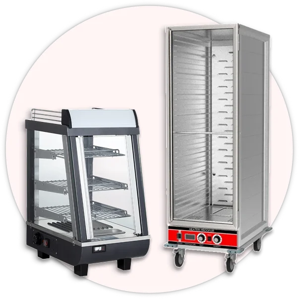 Heated food display warmers, steam tables, heat lamps, and holding cabinets.