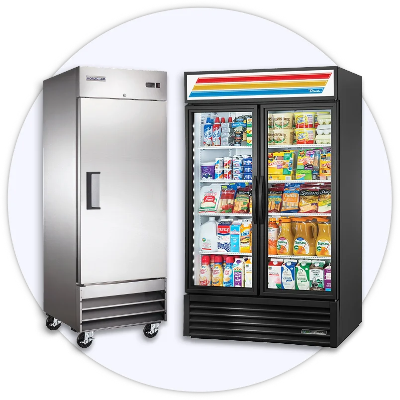 Glass display refrigerators, solid door freezers, storage chest freezers, and open air coolers.