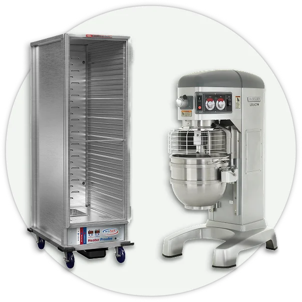 Commercial dough processing equipment including planetary mixers, proofers, sheeters, and bread slicers.