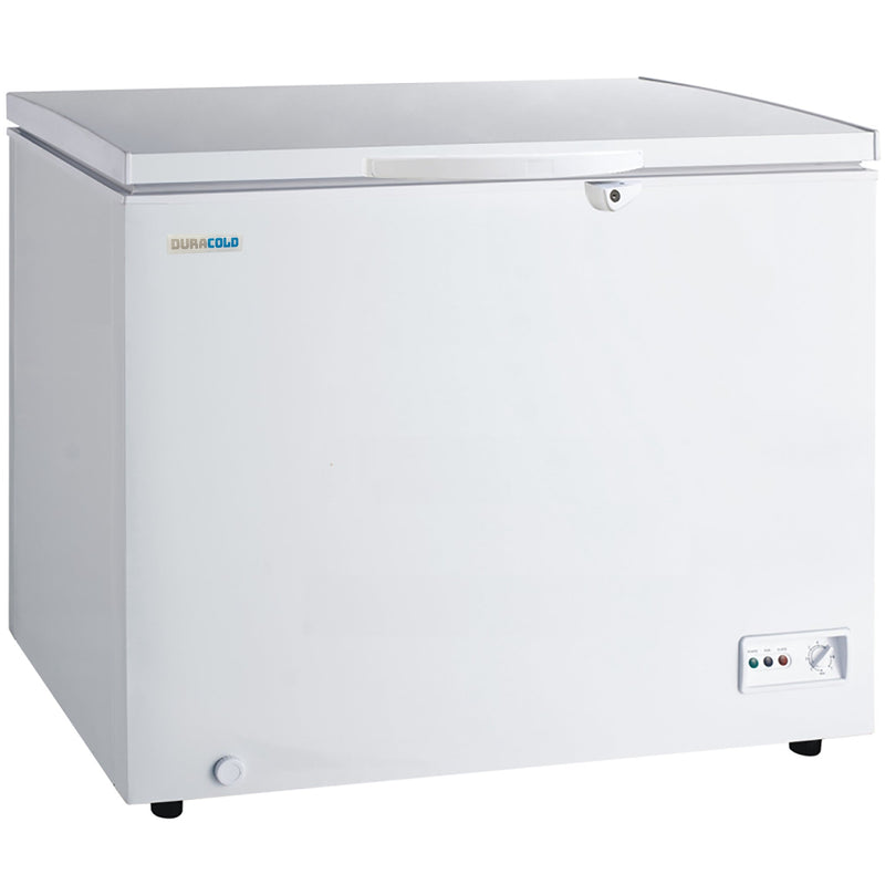 Duracold CF-30 30-inch white storage chest freezer with solid lid closed and front temperature control, angled view