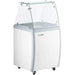 Duracold DIPC-26 white ice cream dipping and gelato freezer on casters with glass sneeze guard, angled front view