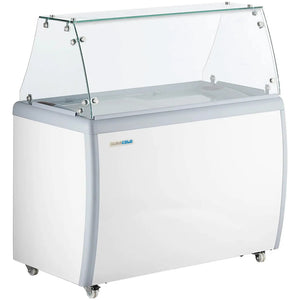 Duracold DIPC-50 white ice cream dipping and gelato freezer on casters with glass sneeze guard, angled front view
