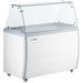 Duracold DIPC-50 white ice cream dipping and gelato freezer on casters with glass sneeze guard, angled front view