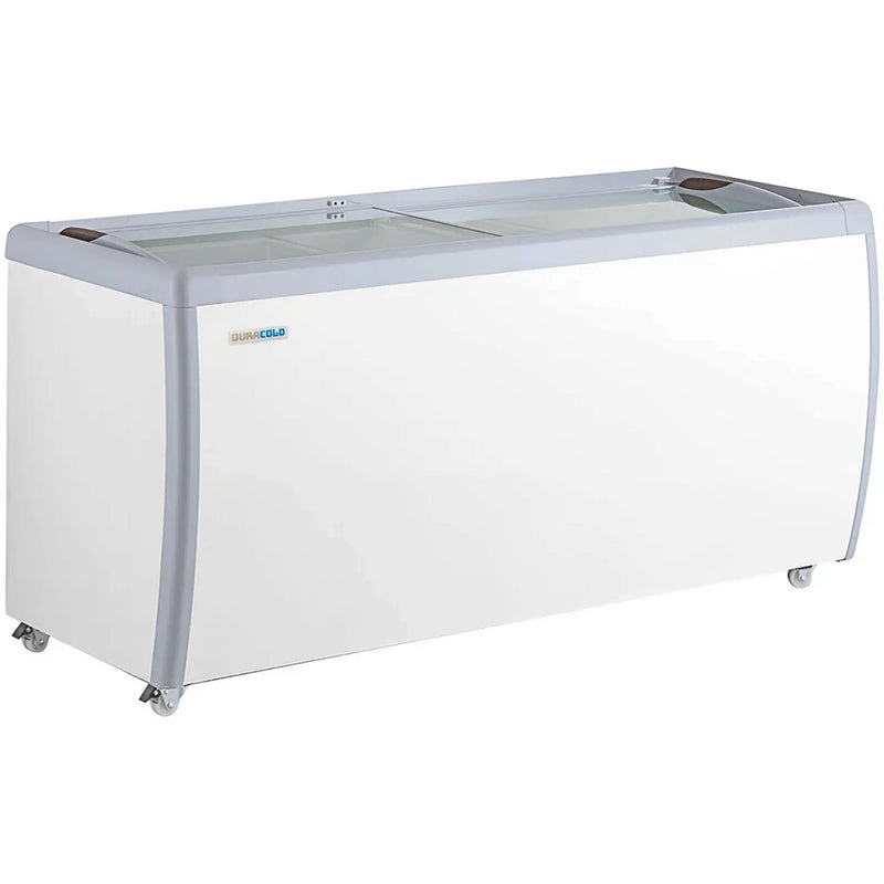 Duracold DIPC-71 white ice cream dipping and gelato freezer without sneeze guard, sliding glass lids closed, angled view