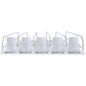 Duracold drink dividers for glass door refrigerators, white five-lane divider set with wire rails, front view