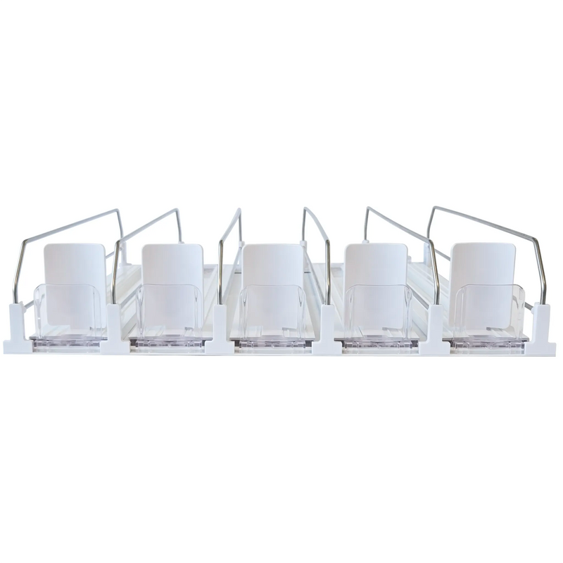 Duracold drink dividers for glass door refrigerators, white five-lane divider set with wire rails, front view