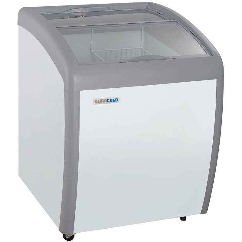 Duracold GCF-26 26-inch white ice cream display chest freezer/refrigerator with curved glass lid and grey trim, angled view