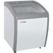 Duracold GCF-26 26-inch white ice cream display chest freezer/refrigerator with curved glass lid and grey trim, angled view