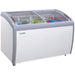 Duracold GCF-39 39-inch white ice cream display chest freezer/refrigerator with curved sliding glass lids, angled view