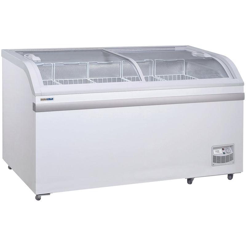 Duracold GCF-58 58-inch white showcase chest freezer/refrigerator with curved sliding glass lids, angled view