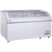 Duracold GCF-58 58-inch white showcase chest freezer/refrigerator with curved sliding glass lids, angled view