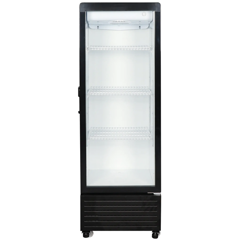 Duracold GD-215B 21-inch black single glass door display refrigerator with white wire shelves, front view
