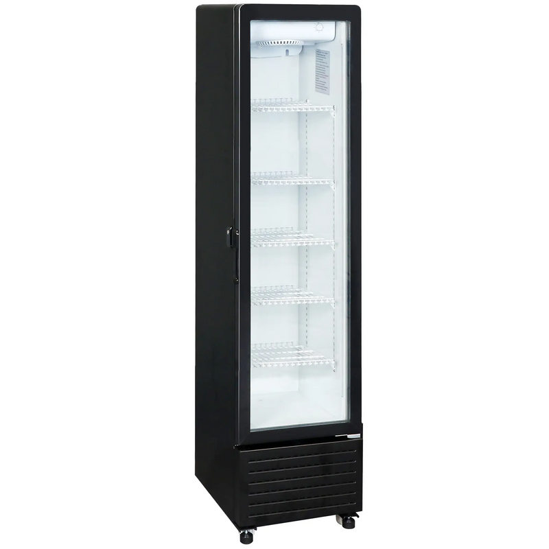 Duracold GD-225B 17-inch tall slim black single glass door display refrigerator with wire shelves, angled view