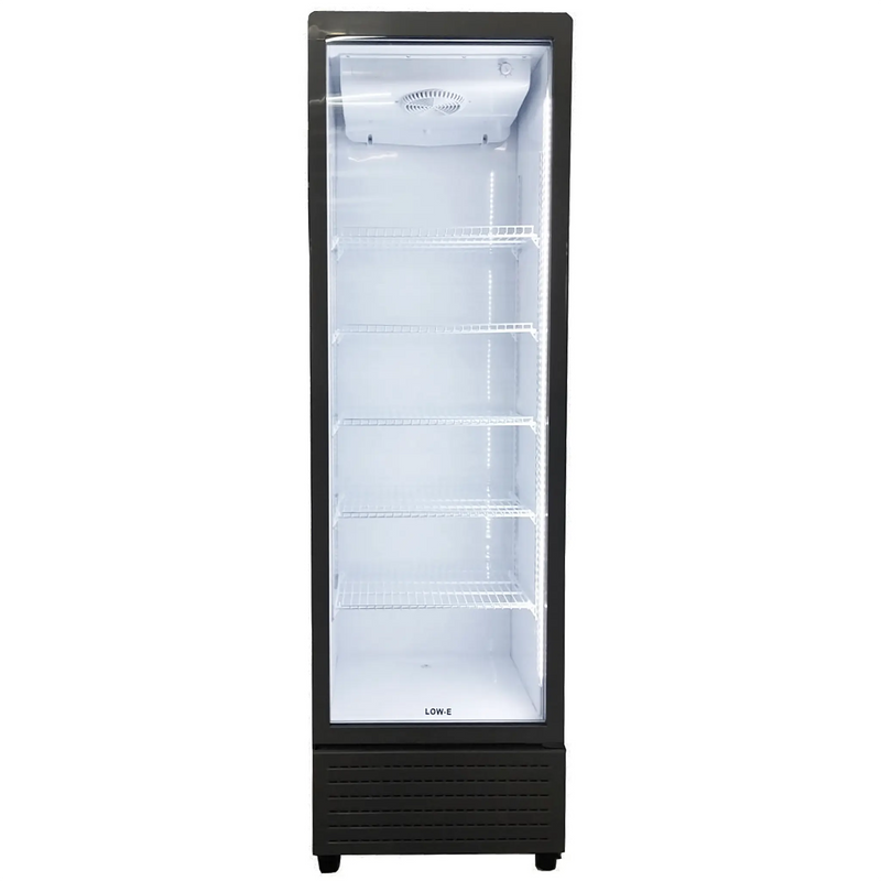 Duracold GD-355B 23-inch black single glass door display refrigerator with white wire shelves, front view