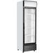 Duracold P360WA 23-inch single glass door display refrigerator in white and black with lit header, angled view