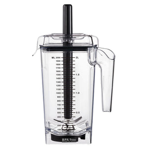 Dynamic BL756DT extra 2L blender container, clear plastic jar with measurement markings and black tamper