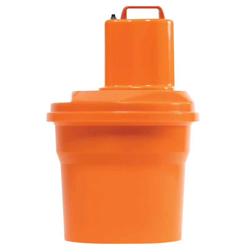 Dynamic EM25 electric salad spinner, 2.5 gallon orange plastic bowl with top-mounted motor and carry handle