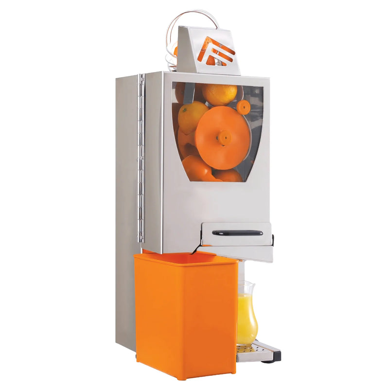 Dynamic JP001.1 JuicerPro 1 electric citrus juicer, stainless steel and orange with oranges in the feed hopper