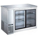 EFI CBBSDR2-48CC 49-inch stainless steel back bar cooler with two sliding glass doors and wire shelves, angled view
