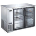 EFI CBBSDR2-48CC 49-inch stainless steel back bar cooler with two hinged black-framed glass doors, angled view