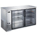 EFI CBBSDR2-60CC 61-inch stainless steel back bar cooler with two hinged black-framed glass doors, angled view