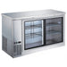 EFI CBBSDR2-60CC 61-inch stainless steel back bar cooler with two sliding glass doors and wire shelves, angled view