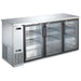 EFI CBBSDR3-72CC 73-inch stainless steel back bar cooler with three hinged black-framed glass doors, angled view
