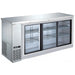 EFI CBBSDR3-72CC 73-inch stainless steel back bar cooler with three sliding glass doors and wire shelves, angled view