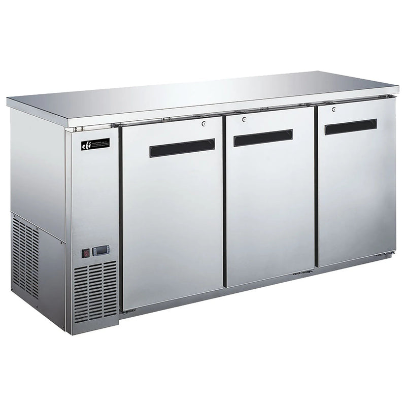 EFI CBBSDR3-72CC 73-inch stainless steel back bar cooler with three solid swing doors, angled front view