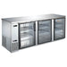 EFI CBBSDR3-90CC 90-inch stainless steel back bar cooler with three hinged black-framed glass doors, angled view