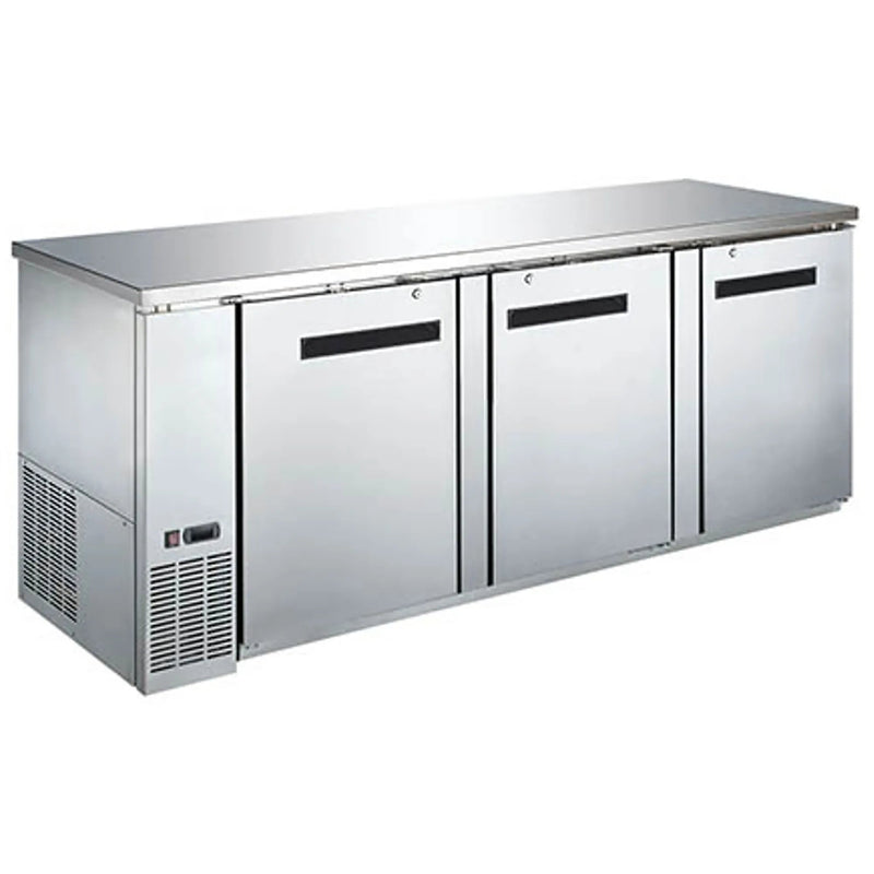 EFI CBBSDR3-90CC 90-inch stainless steel back bar cooler with three solid swing doors, angled front view