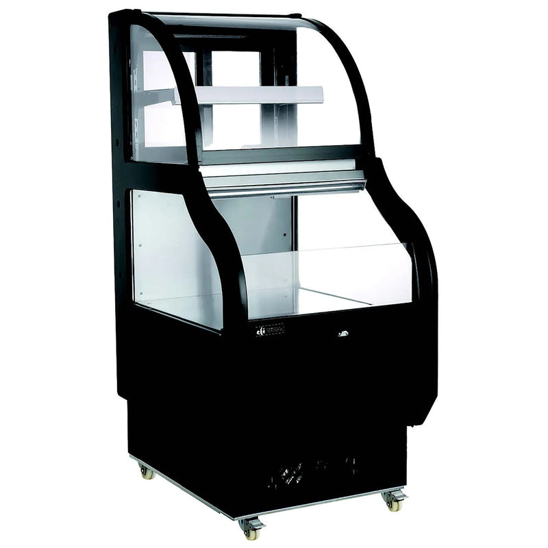 EFI CGOCM-2661 black curved glass 26-inch closed and open air refrigerator on casters with shelves, angled view
