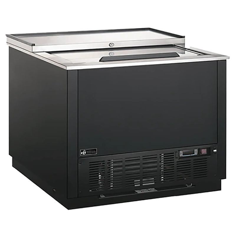 EFI FGF-36-VCX commercial 36-inch wide black glass chiller with stainless steel top and sliding lid, angled view
