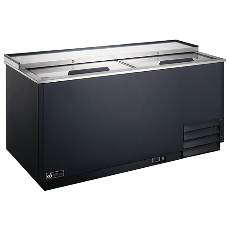 EFI FGF-50-VCX commercial 50-inch wide black glass chiller with stainless steel top and sliding lids, angled view