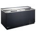 EFI FGF-50-VCX commercial 50-inch wide black glass chiller with stainless steel top and sliding lids, angled view