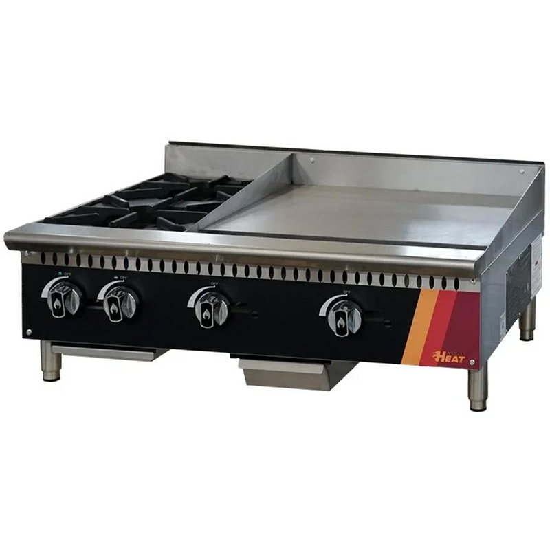 EFI HCT36-12HP-24GM 36 inch gas countertop combo with two open burners on left and 24 inch griddle plate, angled view