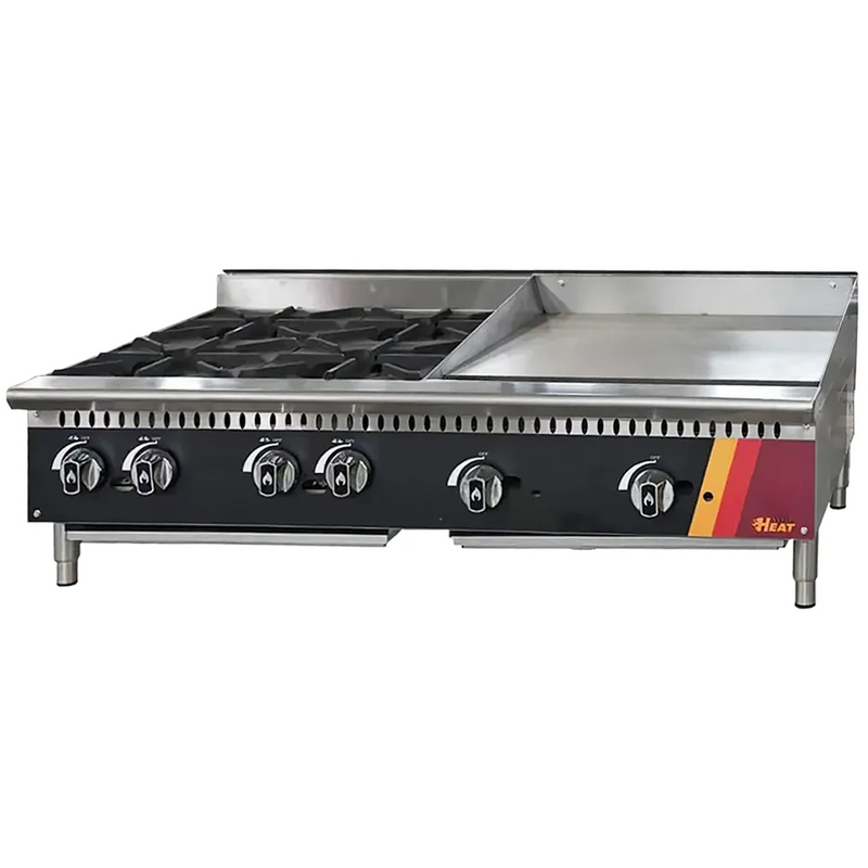 EFI HCT48-24HP-24GM 48 inch gas countertop combo with four open burners and 24 inch griddle plate, angled view