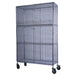 EFI N-SU2436C chrome wire security cage with three shelves inside, mounted on swivel casters, angled front view