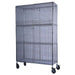 EFI N-SU2436EP epoxy coated wire security cage with three shelves inside, mounted on swivel casters, angled front view
